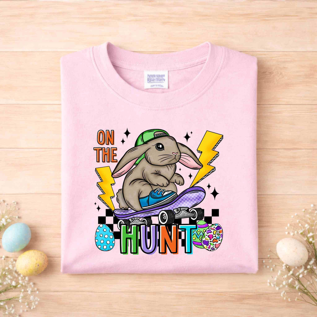 On The Hunt Easter Bunny Shirt – Youth Skateboard Easter Tee Gildan 6400B Becca's Banging Designs