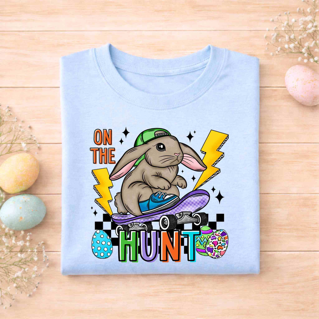 On The Hunt Easter Bunny Shirt – Youth Skateboard Easter Tee Gildan 6400B Becca's Banging Designs