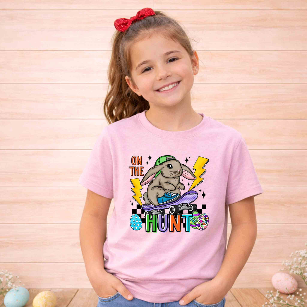 On The Hunt Easter Bunny Shirt – Youth Skateboard Easter Tee Gildan 6400B Becca's Banging Designs