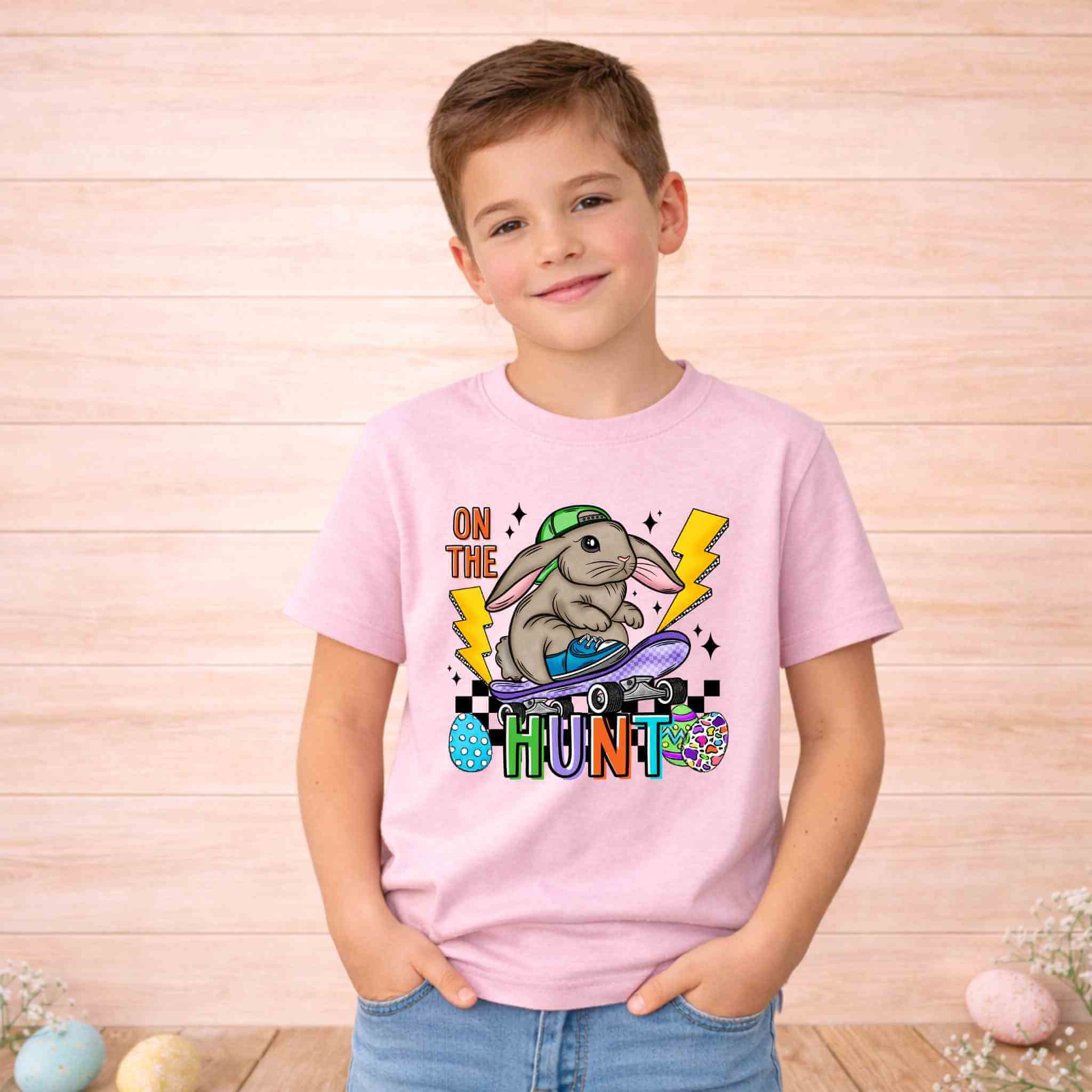 On The Hunt Easter Bunny Shirt – Youth Skateboard Easter Tee Gildan 6400B Becca's Banging Designs
