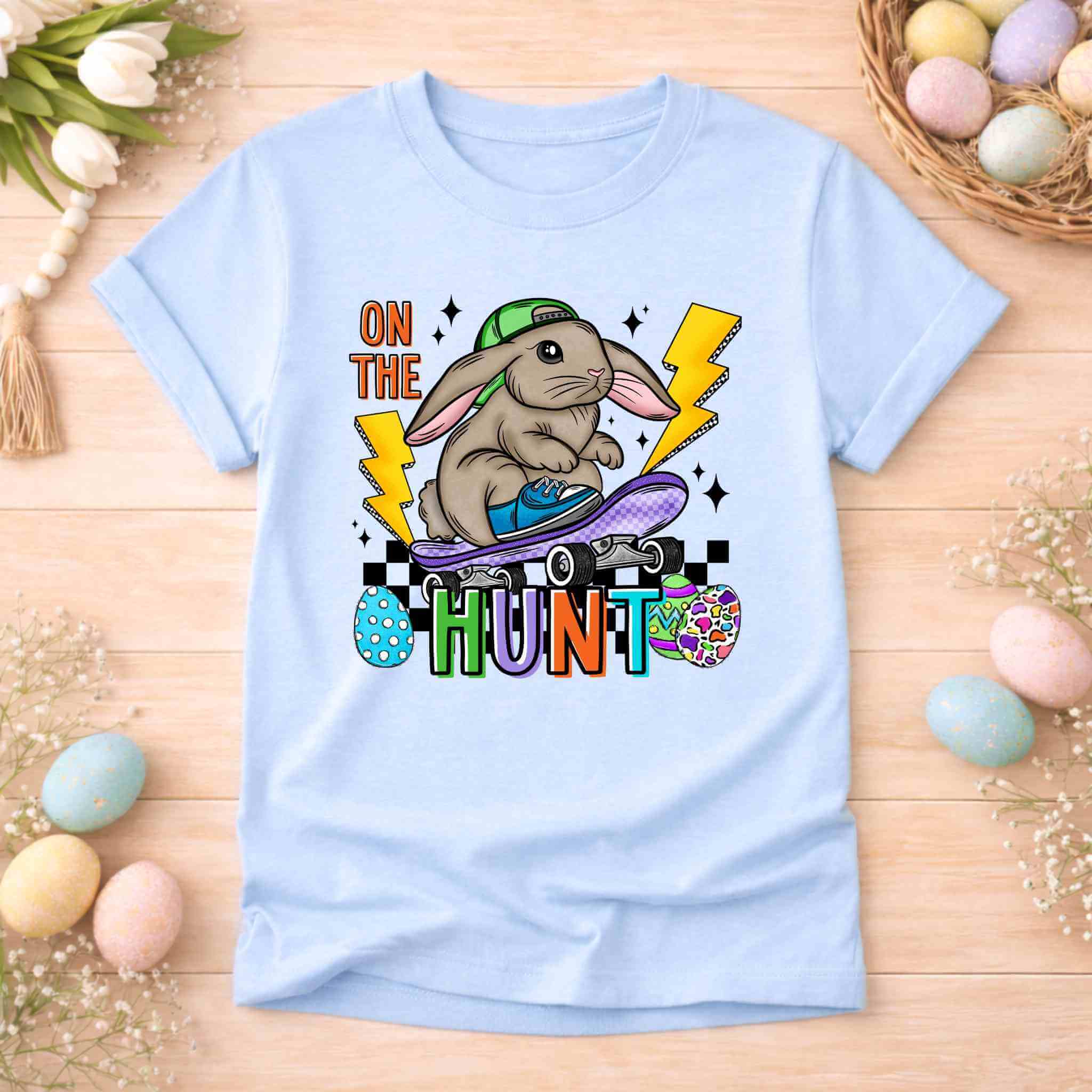 On The Hunt Easter Bunny Shirt – Youth Skateboard Easter Tee Gildan 6400B Becca's Banging Designs