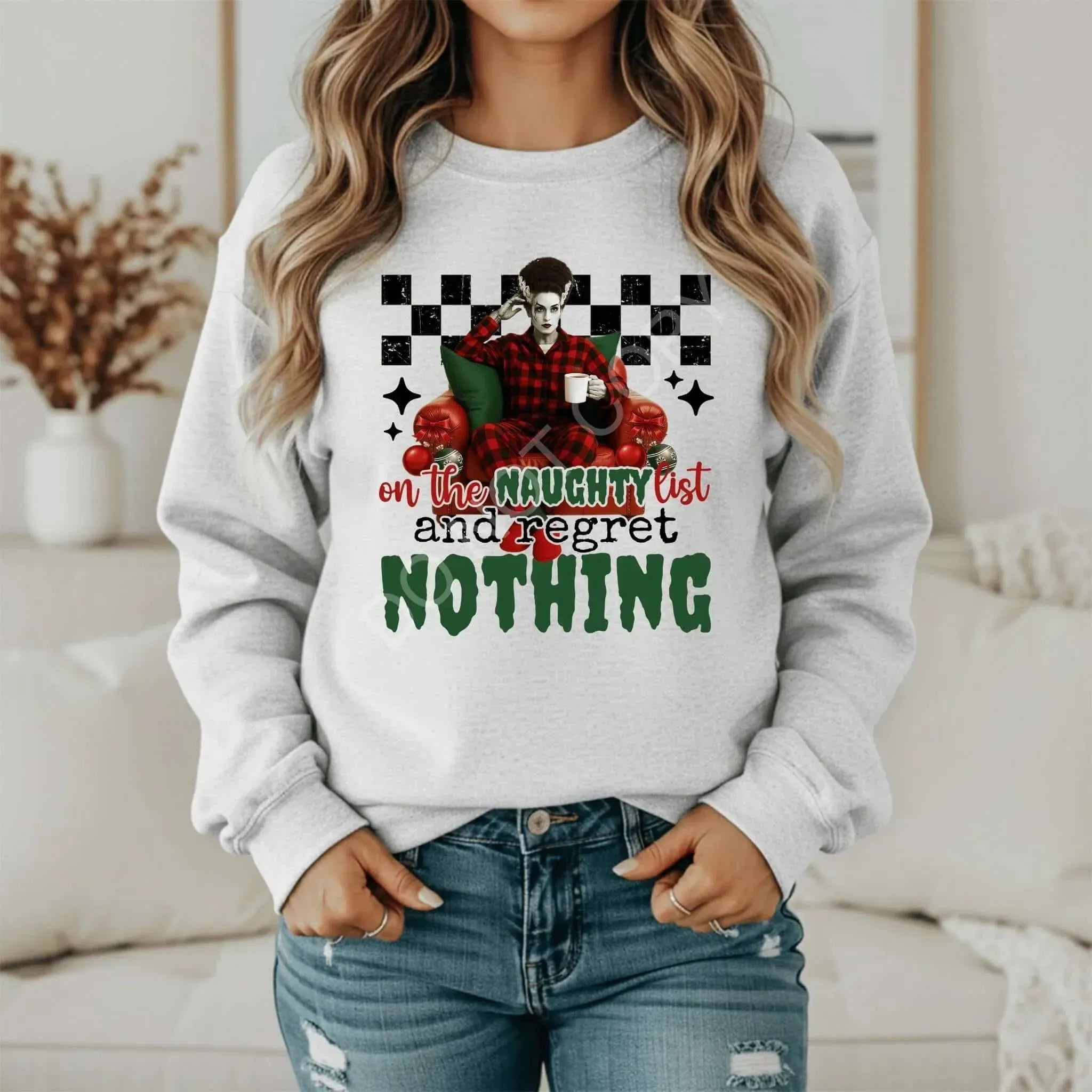On the Naughty List Christmas Sweatshirt - Regret Nothing Funny Holiday Crewneck - Becca's Banging Designs
