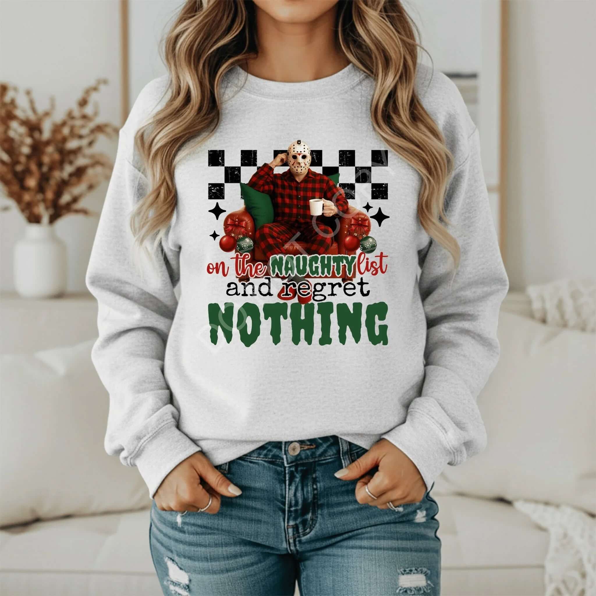 On the Naughty List Christmas Sweatshirt - Regret Nothing Funny Holiday Crewneck - Becca's Banging Designs