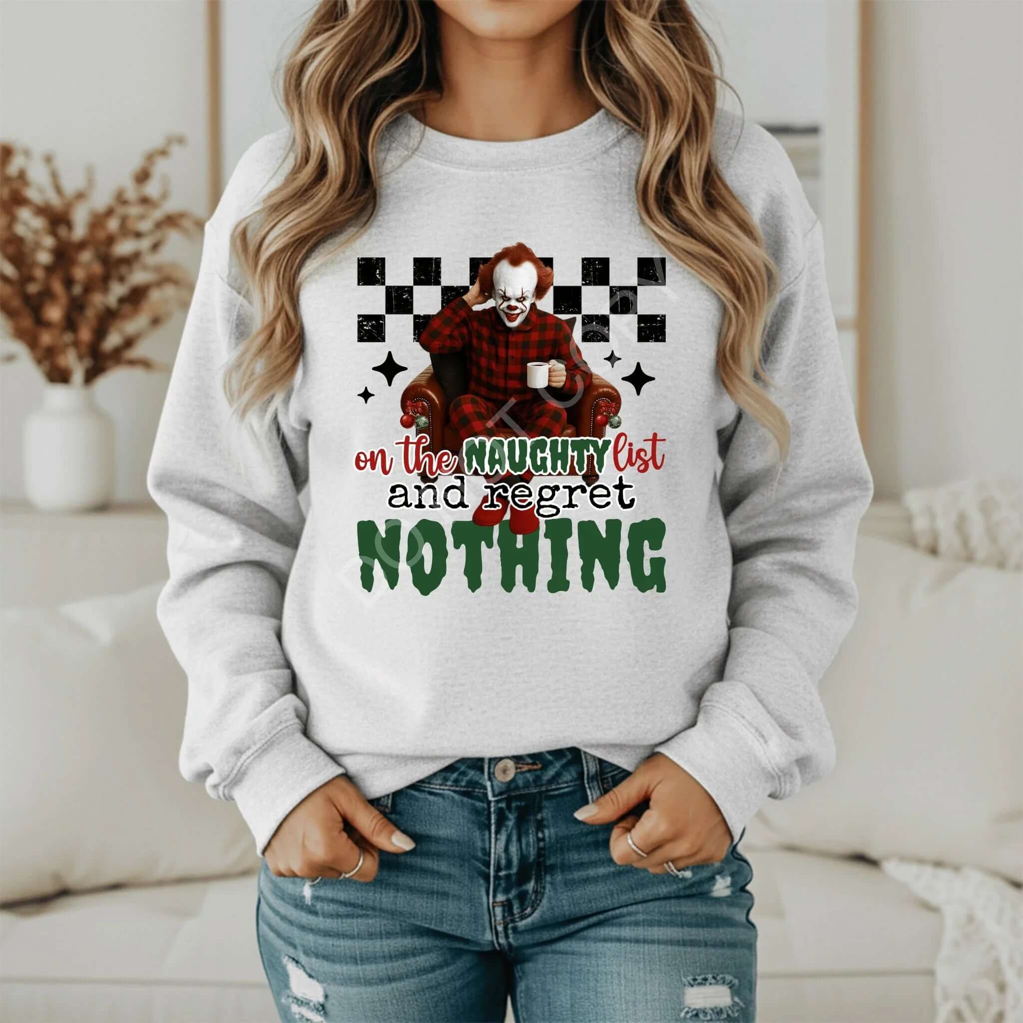 On the Naughty List Christmas Sweatshirt - Regret Nothing Funny Holiday Crewneck - Becca's Banging Designs