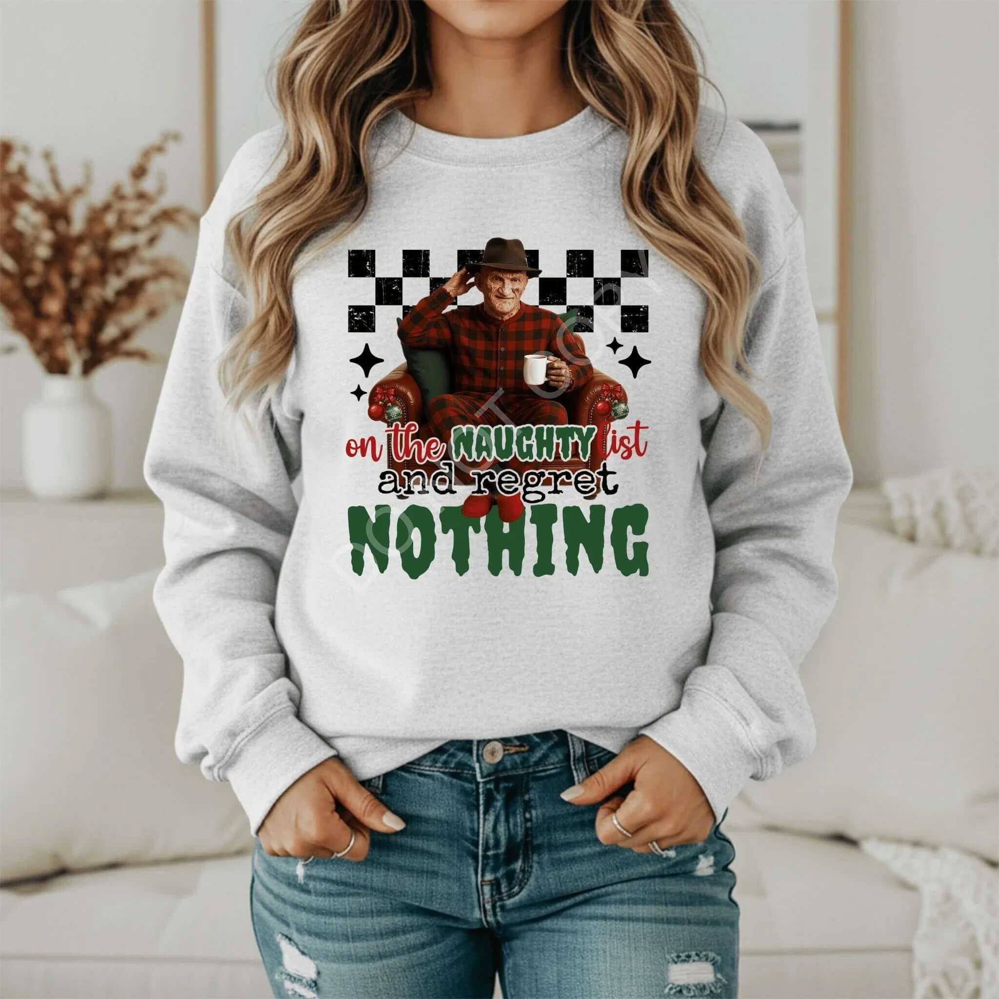 On the Naughty List Christmas Sweatshirt - Regret Nothing Funny Holiday Crewneck - Becca's Banging Designs