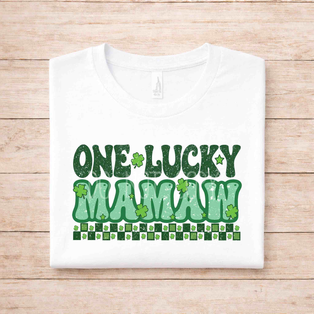St. Patricks Day One Lucky MAMAW shirt with green shamrock accents on a white tee