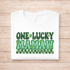 St. Patricks Day One Lucky MAMAW shirt with green shamrock accents on a white tee