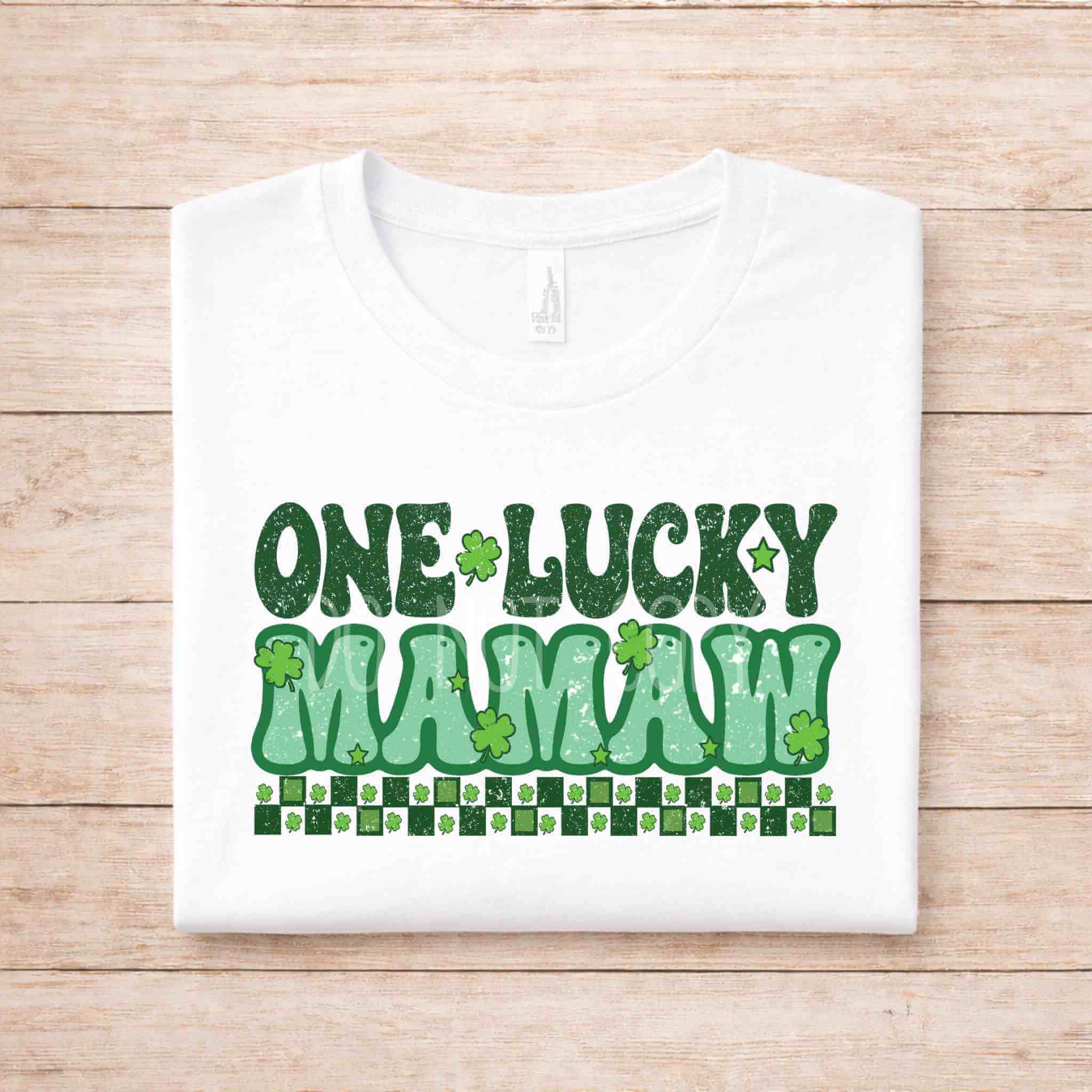 St. Patricks Day One Lucky MAMAW shirt with green shamrock accents on a white tee