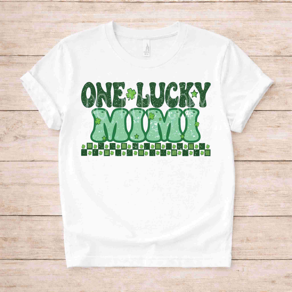 St. Patricks Day Matching Tee featuring retro-inspired 'One Lucky Mum' design with shamrock accents.