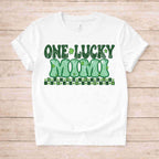 St. Patricks Day Matching Tee featuring retro-inspired 'One Lucky Mum' design with shamrock accents.