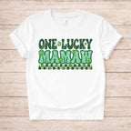 St. Patricks Day matching tee with retro lettering and shamrock details, perfect for family celebrations.