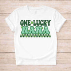 St. Patricks Day matching tee with retro-inspired 'One Lucky Nana' design in green and shamrock accents.