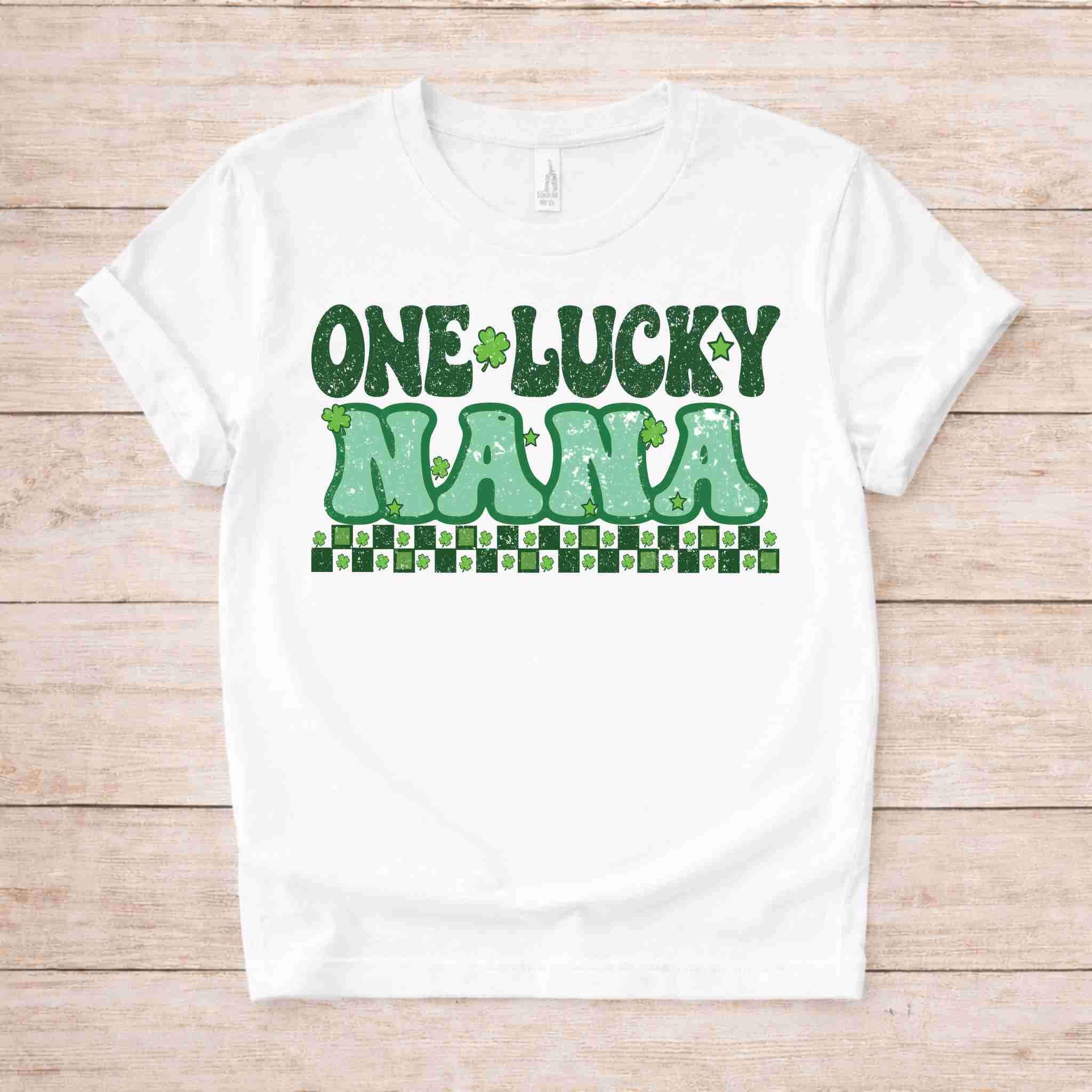 St. Patricks Day matching tee with retro-inspired 'One Lucky Nana' design in green and shamrock accents.