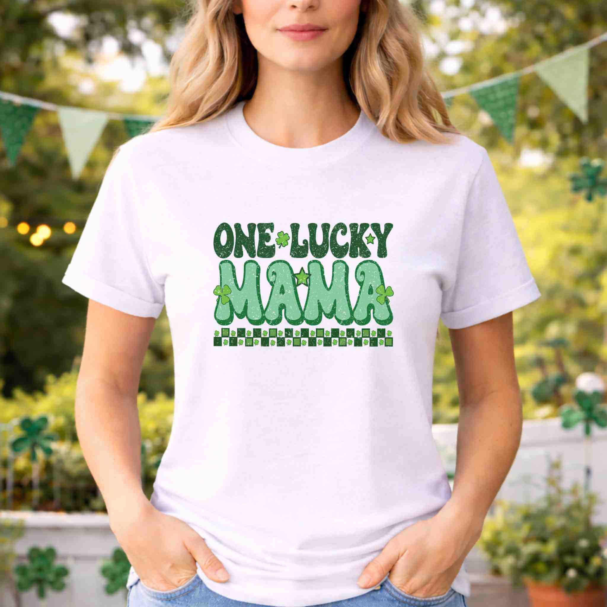 St. Patricks Day matching tee featuring a retro design with "One Lucky Mama" in green lettering and shamrock accents.