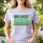 St. Patricks Day One Lucky Family shirt featuring green retro lettering and shamrock accents, perfect for festive celebrations.