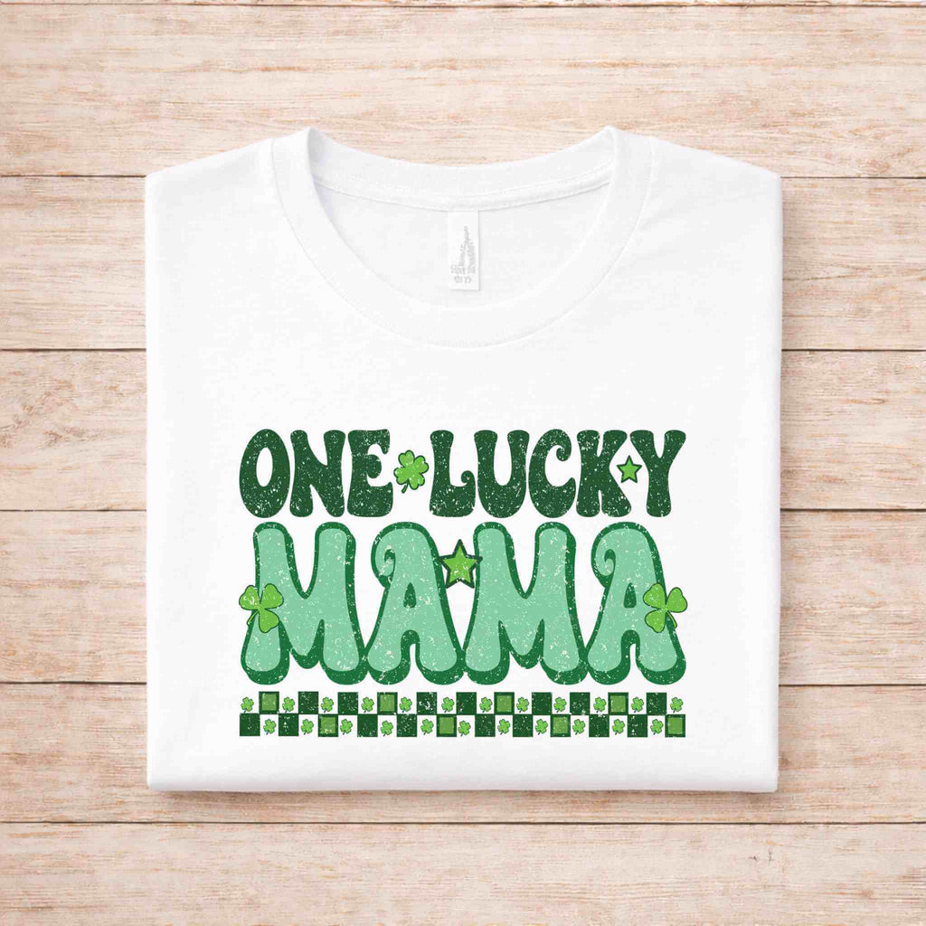 St. Patricks Day matching tee featuring retro letters and shamrock details, perfect for festive family celebrations.
