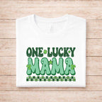 St. Patricks Day matching tee featuring retro letters and shamrock details, perfect for festive family celebrations.