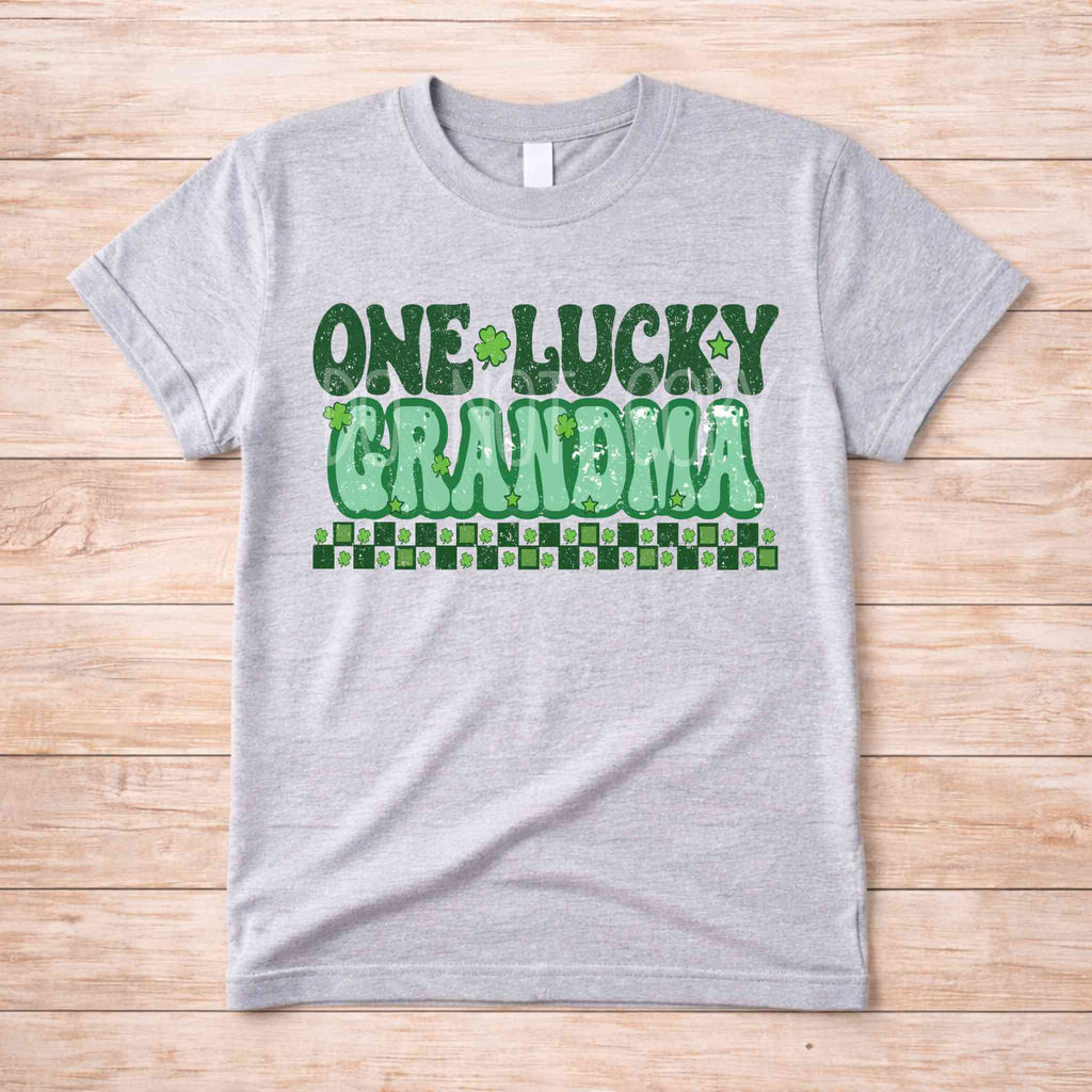 St. Patricks Day matching tee shirt featuring retro green lettering saying One Lucky Grandma.