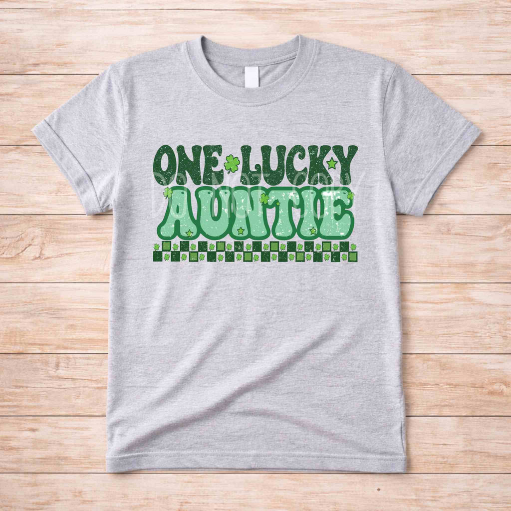 St. Patricks Day matching tee shirt with retro lettering for One Lucky Auntie