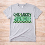 St. Patricks Day matching tee shirt with retro lettering for One Lucky Auntie