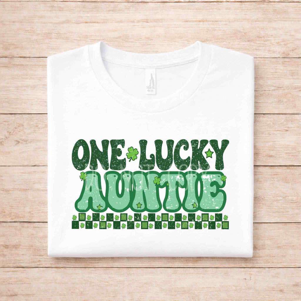 St. Patricks Day One Lucky Family shirt featuring retro lettering and shamrock details on a white tee.