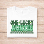 St. Patricks Day One Lucky Family shirt featuring retro lettering and shamrock details on a white tee.