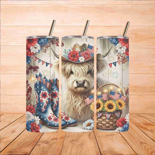 Patriotic Highland Cow 20oz Skinny Tumbler - Becca's Banging Designs LLC