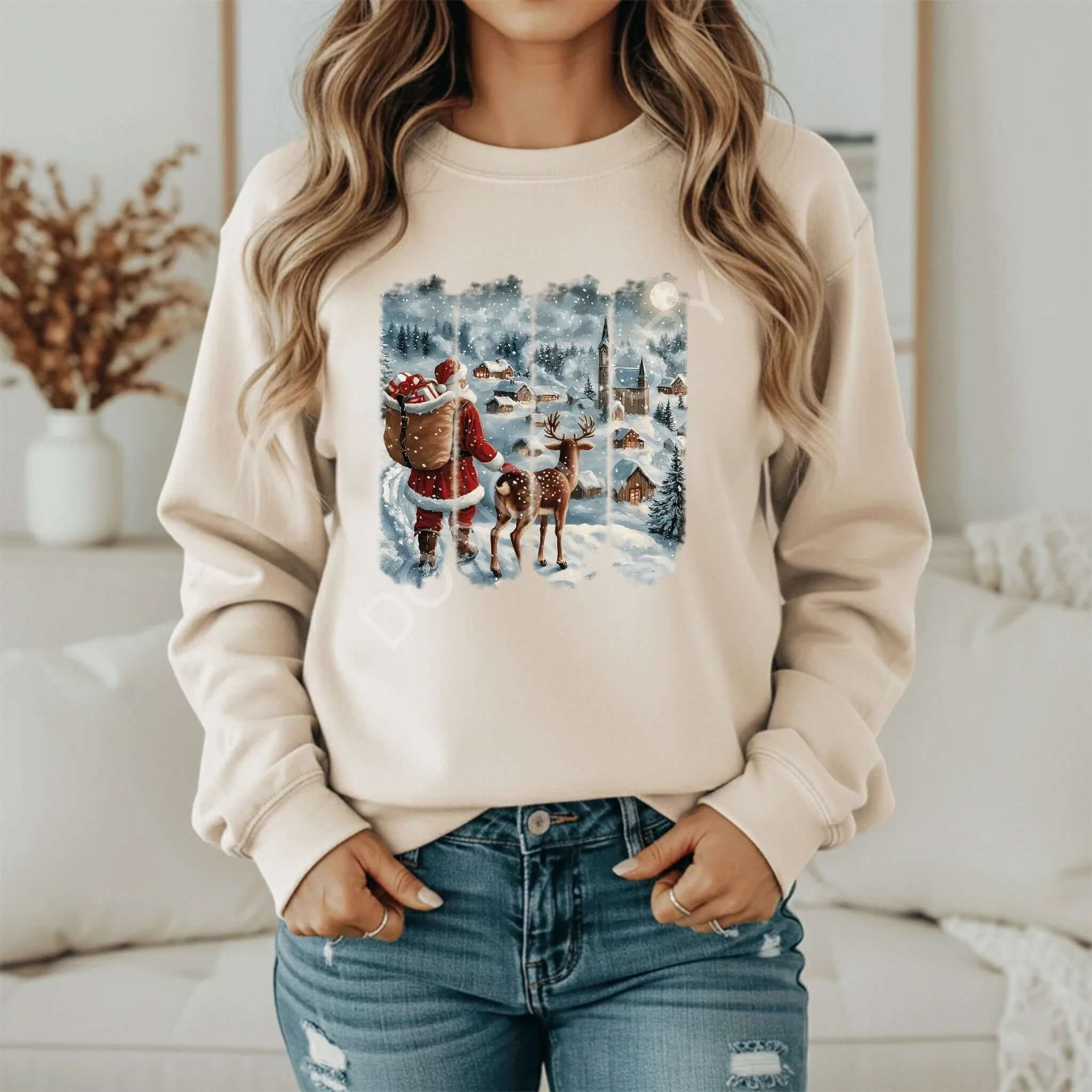 Santa and Reindeer Winter Village Sweatshirt – Cozy Christmas Crewneck 🎅🦌❄️ - Becca's Banging Designs