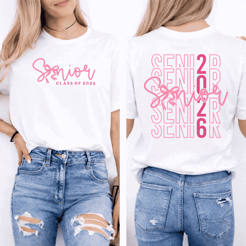 Front and back views of a woman in Becca's Banging Designs LLC Senior 2026 Shirt, featuring bold pink "Senior" and "2026" text. Perfect graduation tee, styled with ripped blue jeans for a trendy Class of 2026 look.