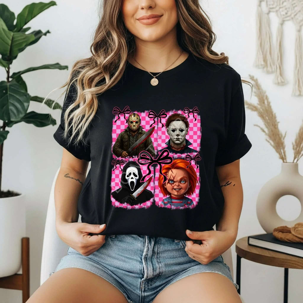 Slasher Horror Icons T-Shirt | Adorable Pink Bow & Creepy Halloween Design - Becca's Banging Designs
