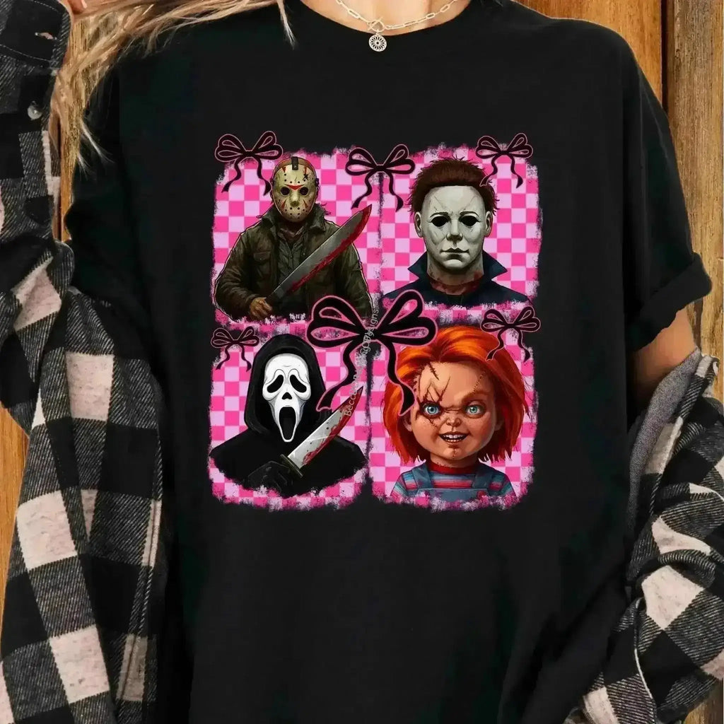 Slasher Horror Icons T-Shirt | Adorable Pink Bow & Creepy Halloween Design - Becca's Banging Designs