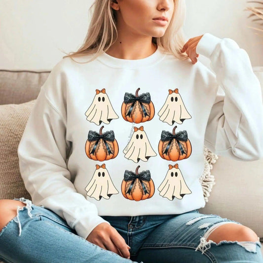 Sweatshirt Ghost and Pumpkin Bows Halloween Sweatshirt | Cute Fall Cozy Pullover