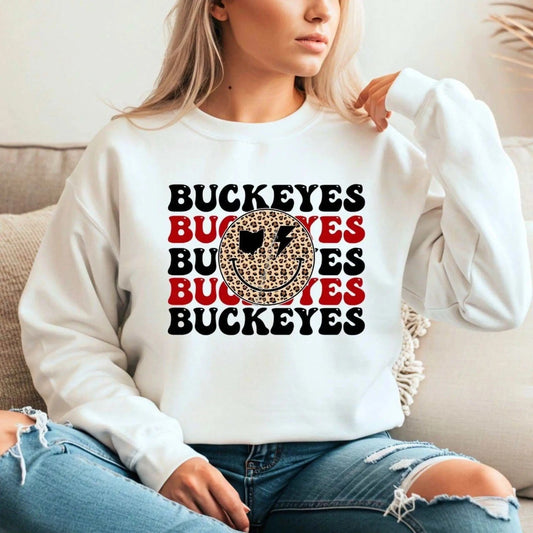 Sweatshirt Ohio Sweatshirt | Leopard Smiley Game Day Crewneck | OSU Football Shirt - Ohio Sweatshirt