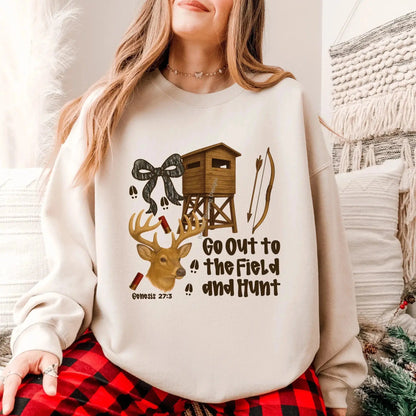Sweatshirt Rustic Faith Hunting Crewneck – Go Out to the Field and Hunt Verse Tee