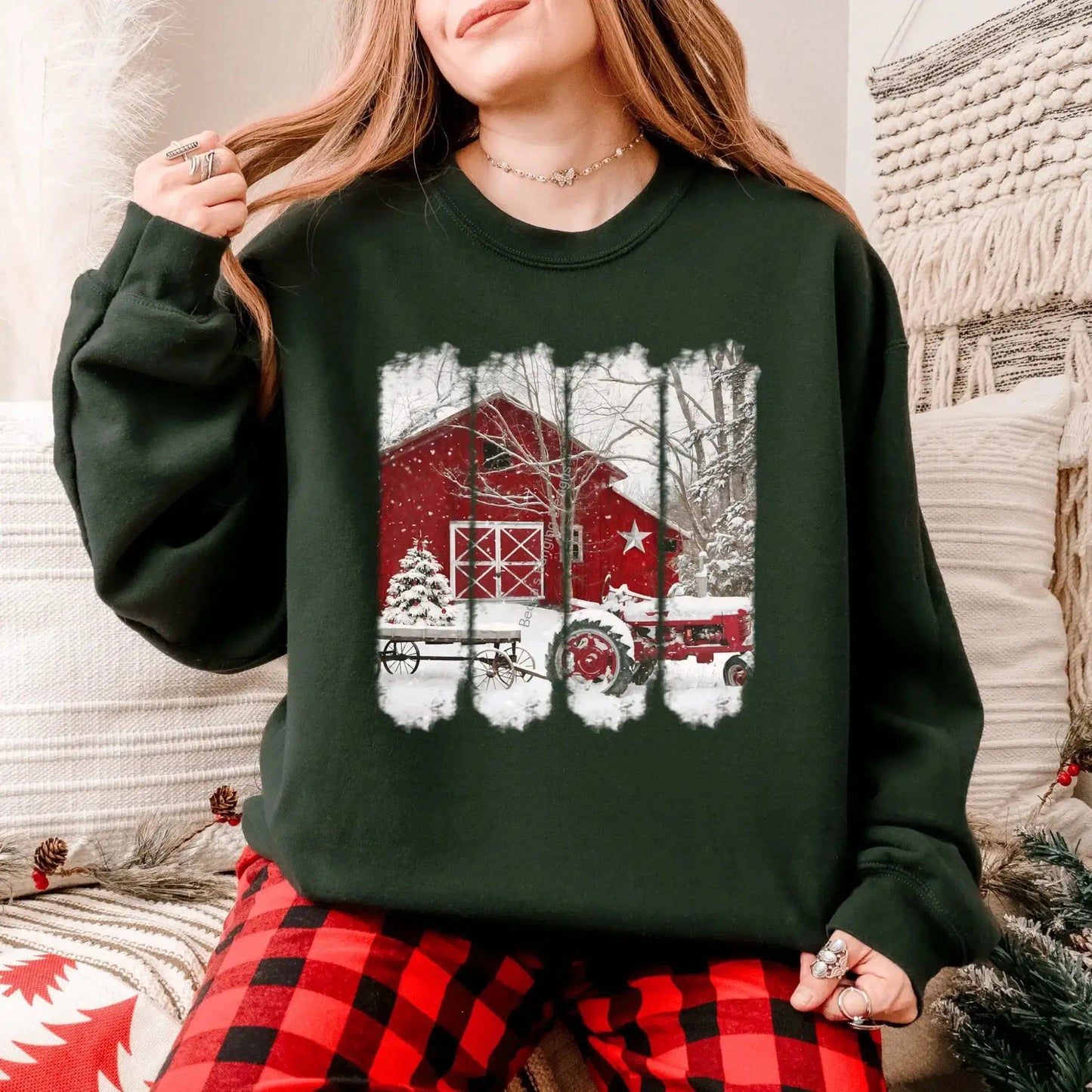 Rustic Red Barn Christmas Sweatshirt: Country Winter Farm Tractor Crewneck by Becca's Banging Designs
