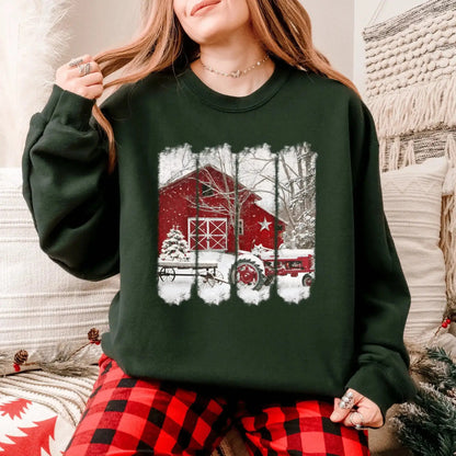 Rustic Red Barn Christmas Sweatshirt: Country Winter Farm Tractor Crewneck by Becca's Banging Designs