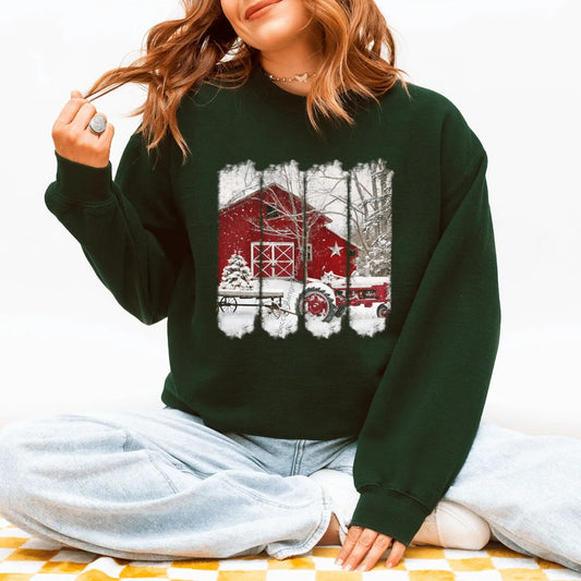 Christmas Sweatshirt Red Barn Tractor Winter Scene Becca's Banging Designs. Farmhouse Holiday Women's Fashion, Rustic Green Crewneck