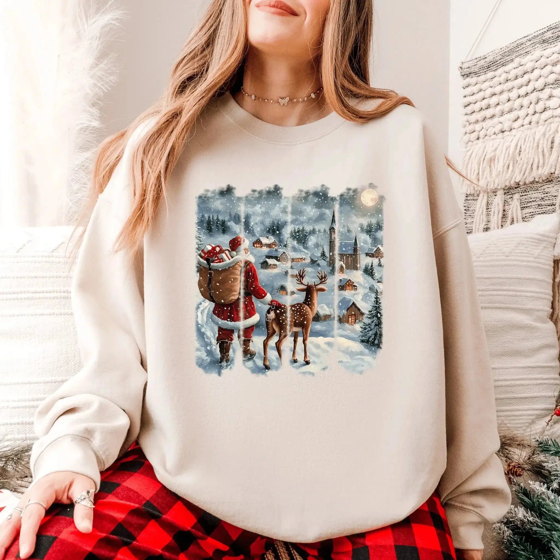 Santa Reindeer Christmas Sweatshirt: Cozy Winter Village Scene Festive Holiday Sweater Gift Idea