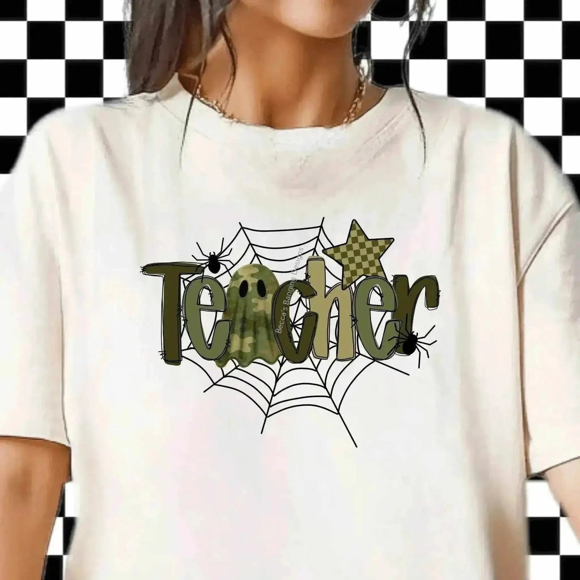 T-Shirt Camo Ghost Teacher Shirt for Halloween - Stylish Spider Web Design for Educators