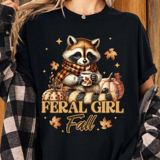 T-Shirt Feral Girl Autumn T-Shirt | Cute Raccoon Fall Graphic Tee