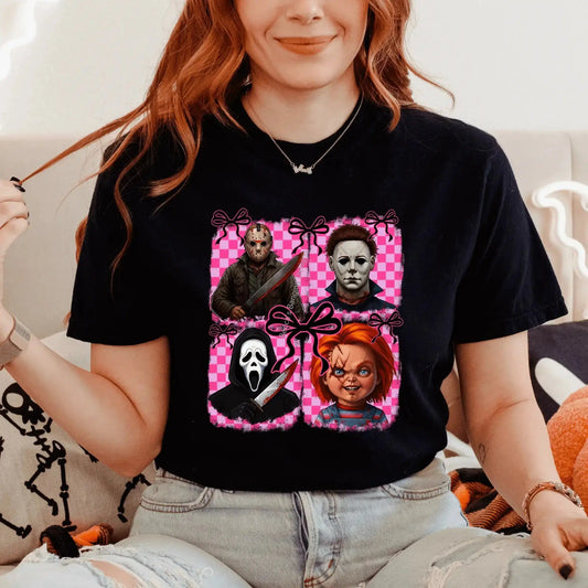 T-Shirt Slasher Horror Icons T-Shirt with Pink Bow | Cute & Creepy Halloween Graphic Tee