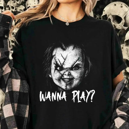 T-Shirt Wanna Play Chucky Horror T-Shirt - Scary Doll Halloween Graphic Tee for Horror Movie Fans