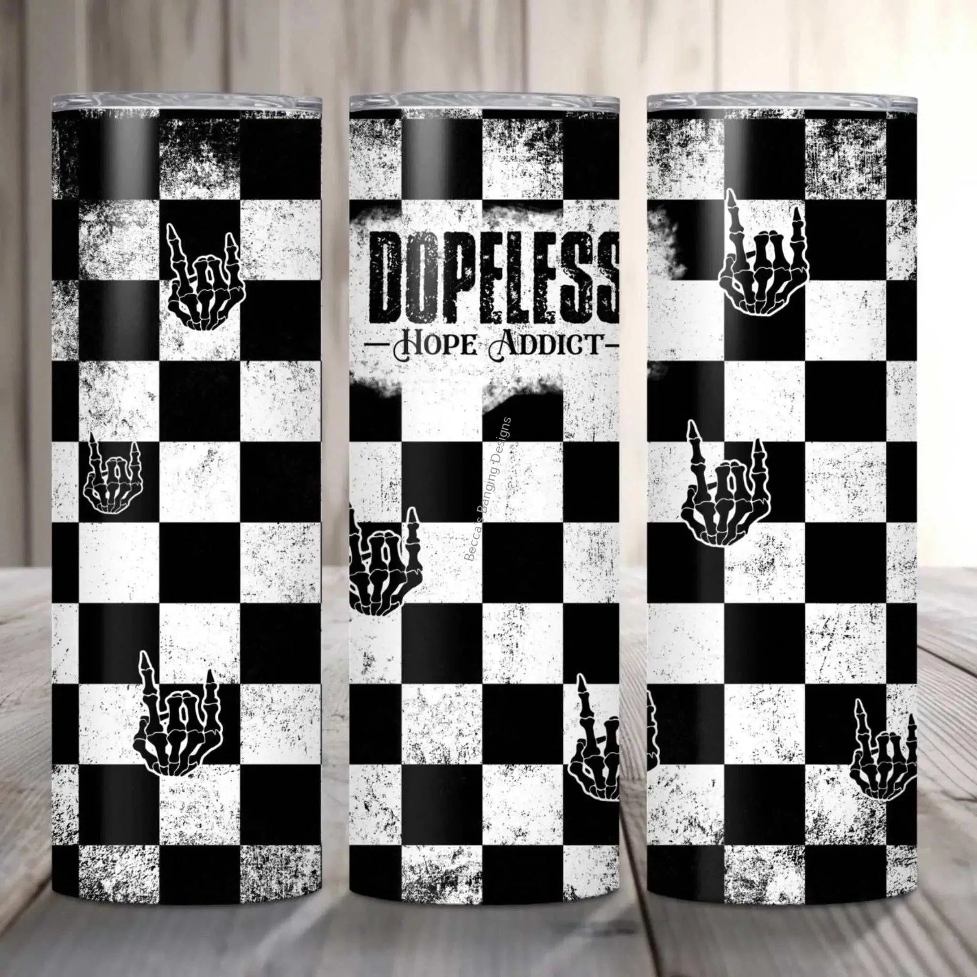 Tumbler Grunge Checkerboard Tumbler with Dopeless Hope Addict Skeleton Hand Design