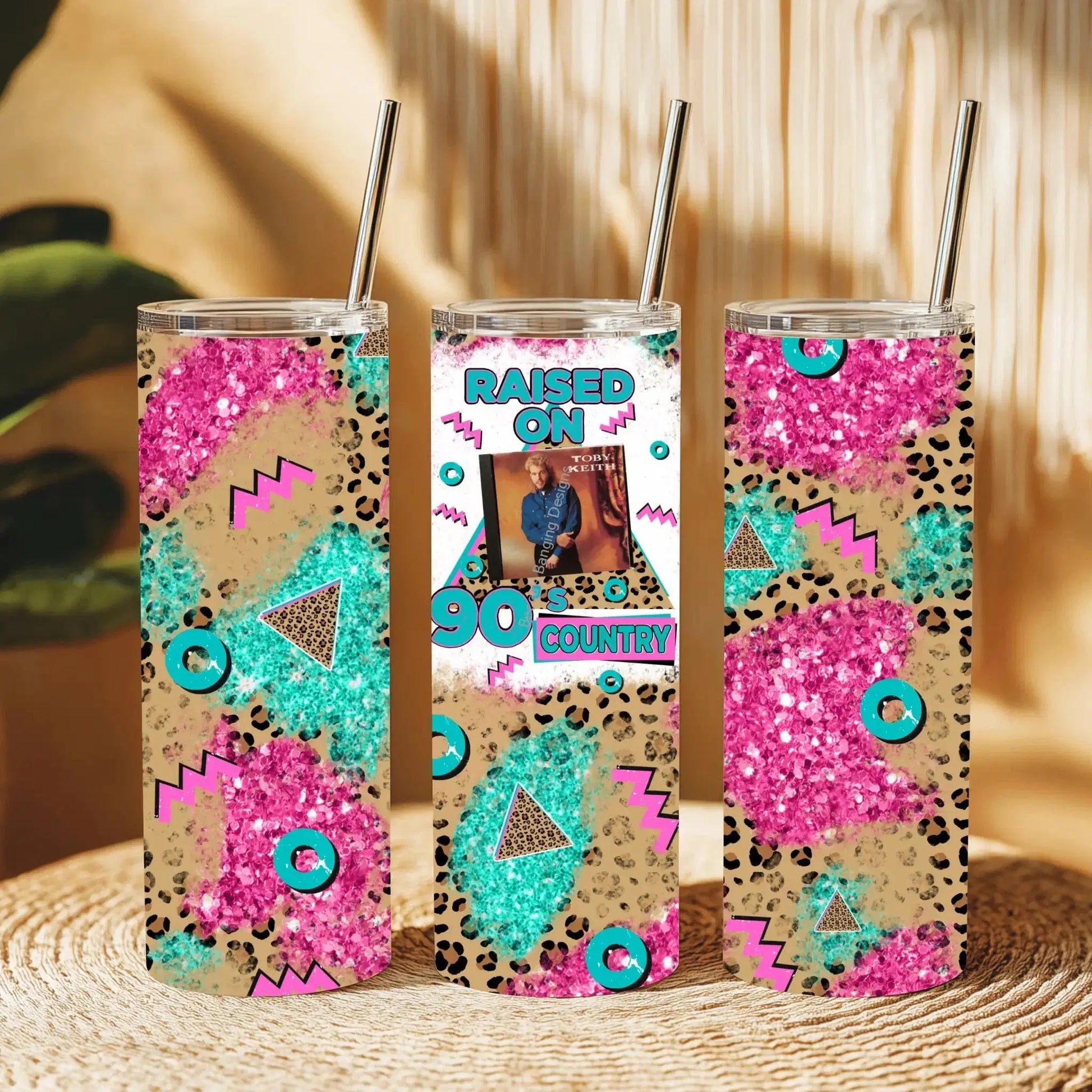 Tumbler Raised on 90s Country Tumbler - Retro Leopard Print Glitter Cup for 90s Country Lovers