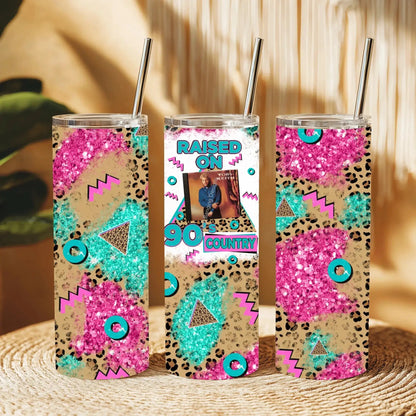 Tumbler Raised on 90s Country Tumbler - Retro Leopard Print Glitter Cup for 90s Country Lovers