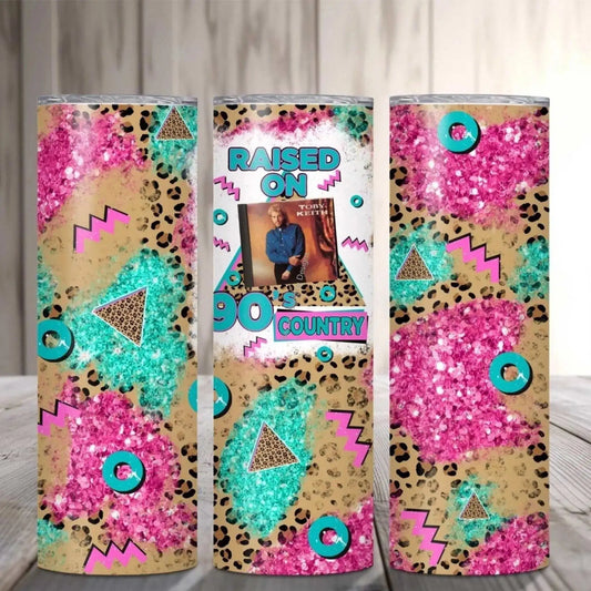 Tumbler Raised on 90s Country Tumbler - Retro Leopard Print Glitter Cup for 90s Country Lovers