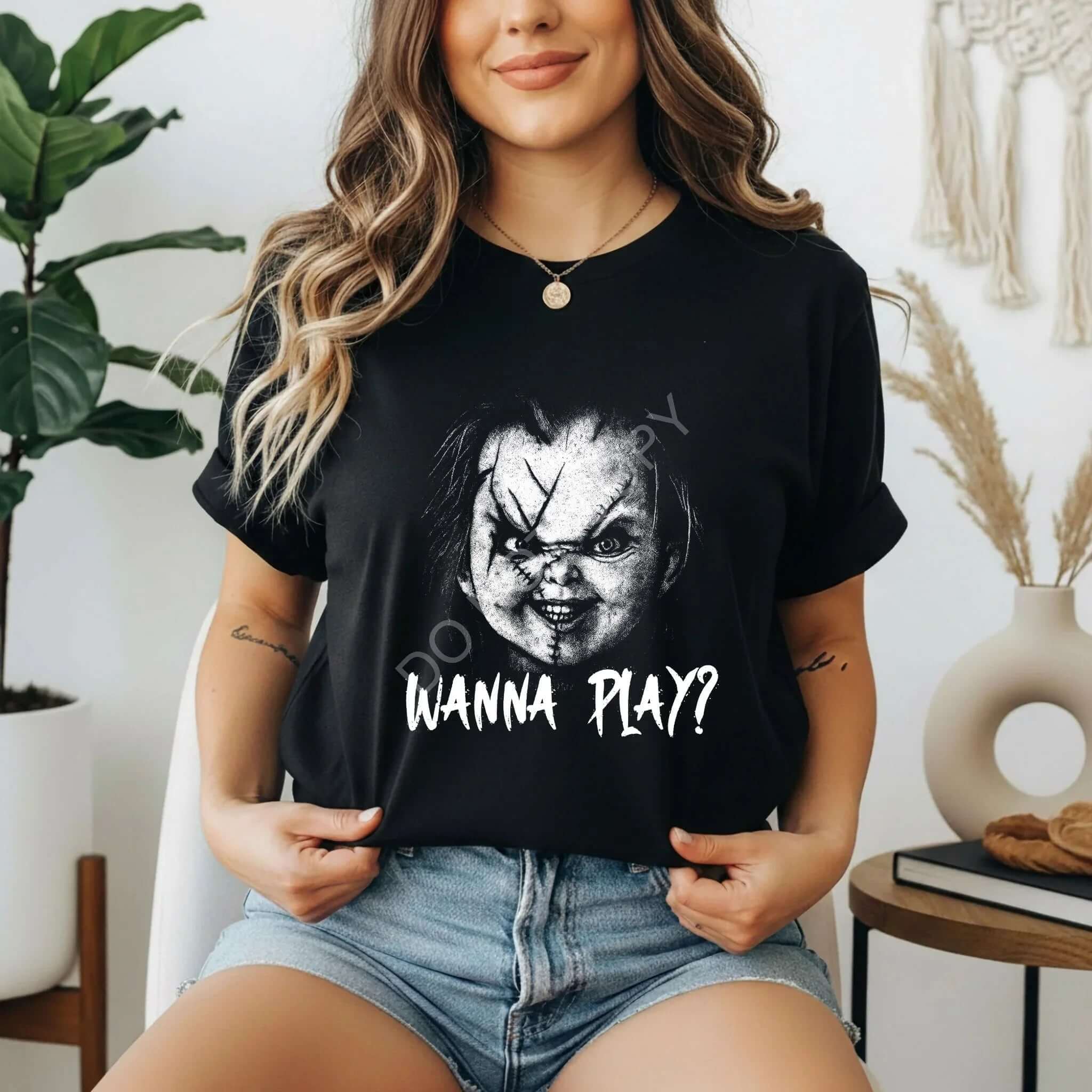 Wanna Play Chucky Graphic Tee - Spooky Doll Design for Horror Movie Enthusiasts - Becca's Banging Designs